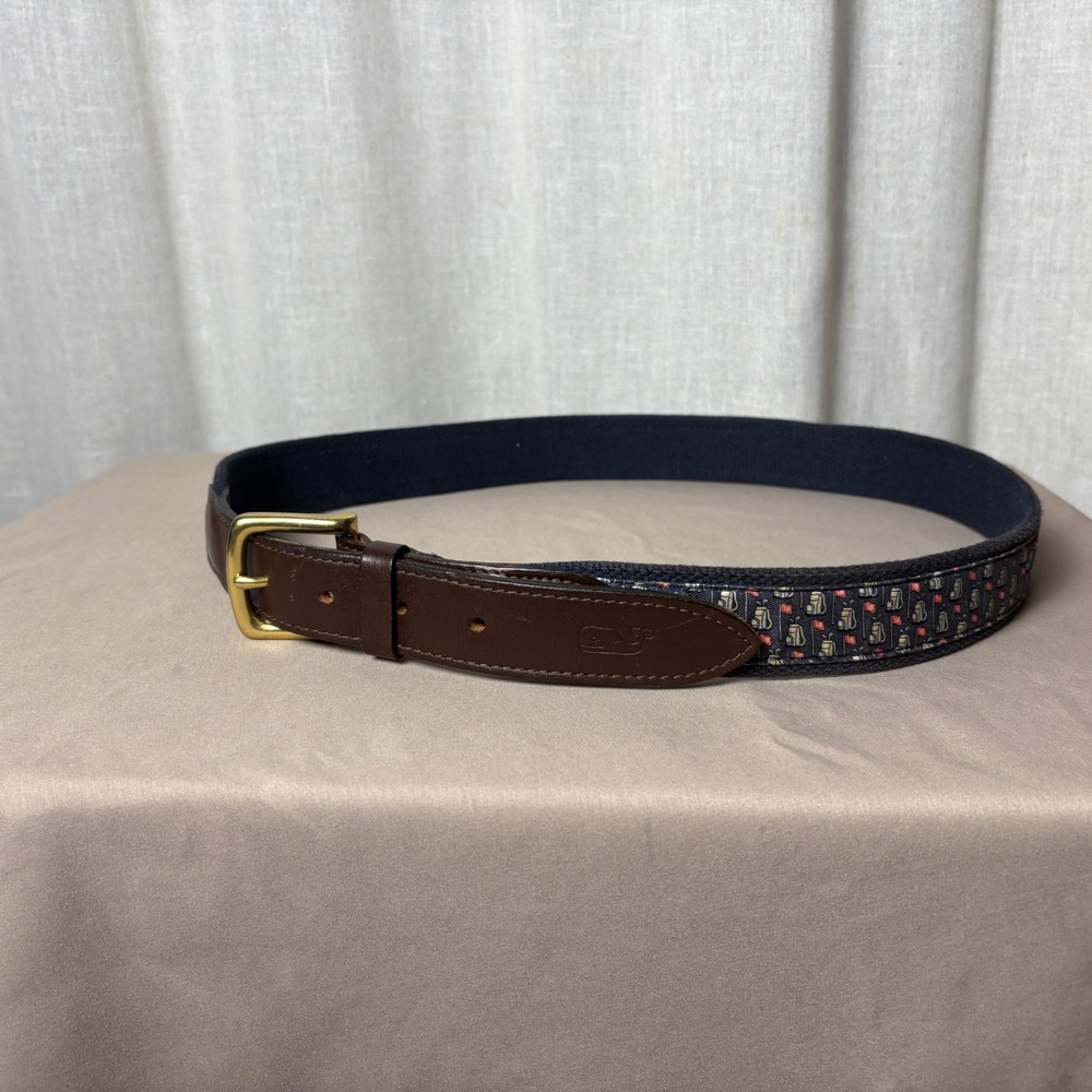 Vineyard Vines Golf Bag Flag Silk Canvas Belt Navy Brown Size 36